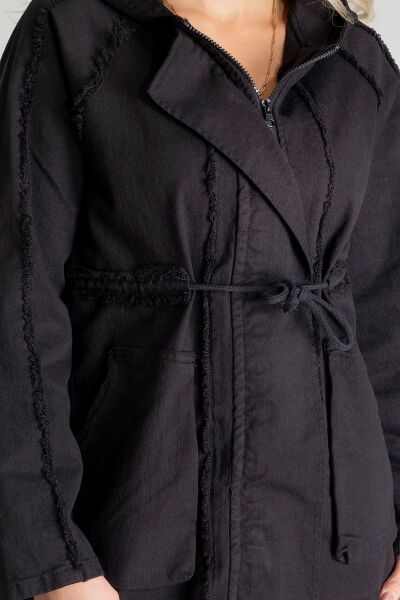 Kadın Power Likralı Pamuklu Kumaş Kapişonlu Fermuarlı Kordonlu Pis Dikişli Mont Siyah - L