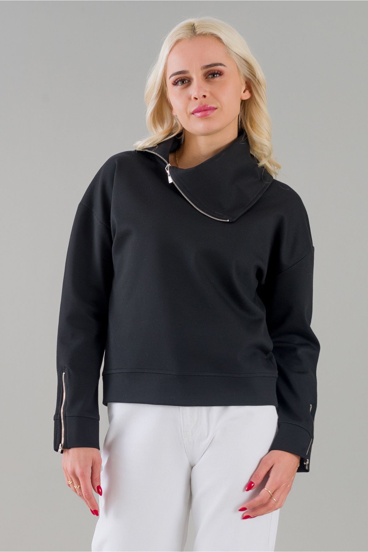 Kadın Siyah Renk Fermuarlı Şal Yaka Uzun Kollu Tunik XL - Siyah