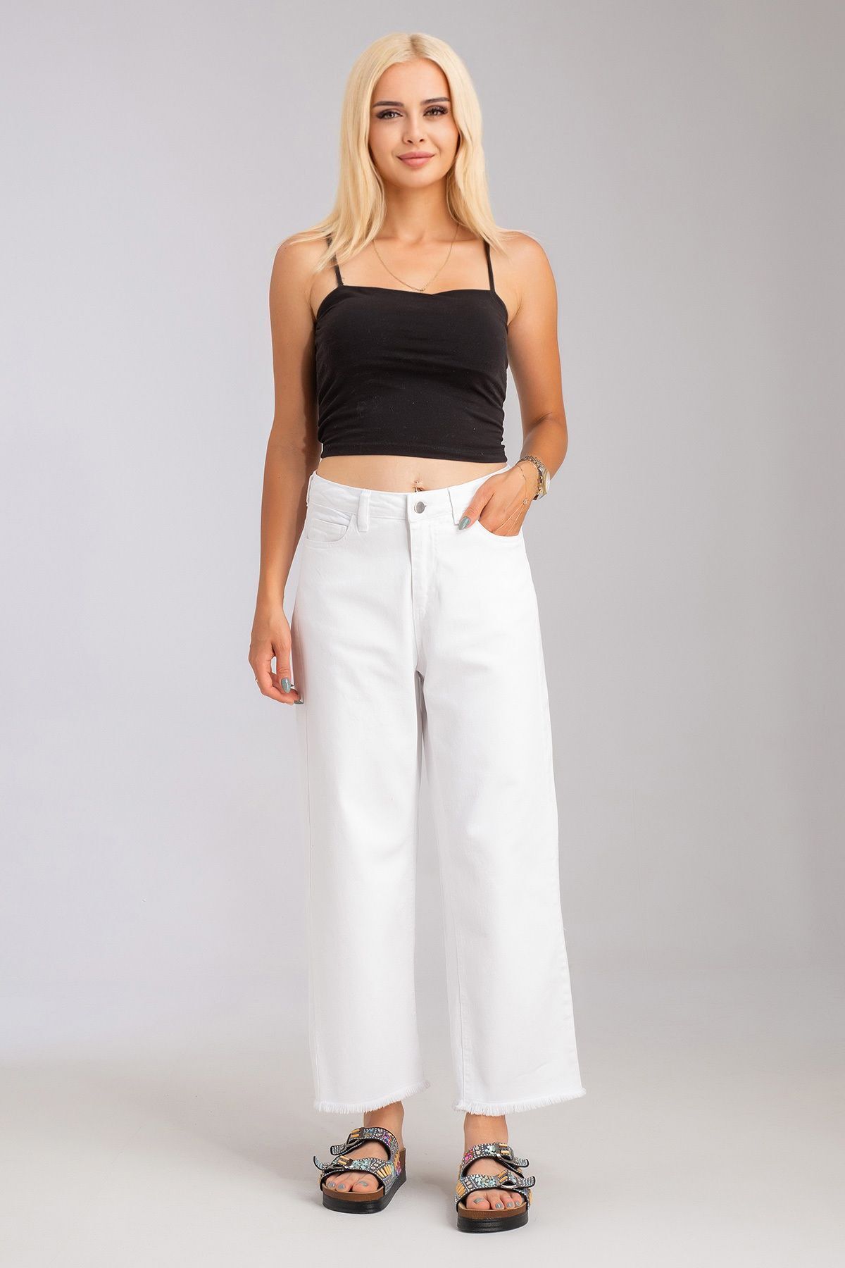 Kadın Bol Paça Beş Cepli Paça Saçaklı Likralı Pamuklu Pantolon Beyaz - M