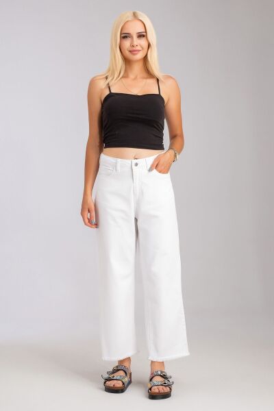 Kadın Bol Paça Beş Cepli Paça Saçaklı Likralı Pamuklu Pantolon Beyaz - M