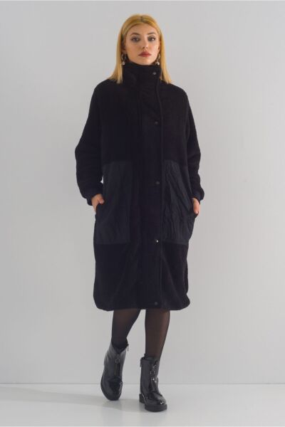 Dik Yakalı Paraşüt Karışımlı Wellsoft Manto Siyah - Standart