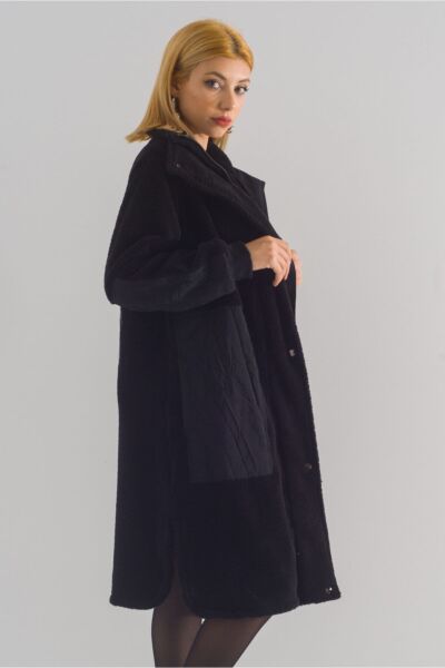 Dik Yakalı Paraşüt Karışımlı Wellsoft Manto Siyah - Standart