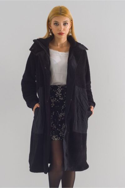 Dik Yakalı Paraşüt Karışımlı Wellsoft Manto Siyah - Standart