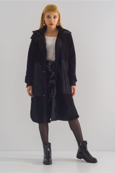 Dik Yakalı Paraşüt Karışımlı Wellsoft Manto Siyah - Standart