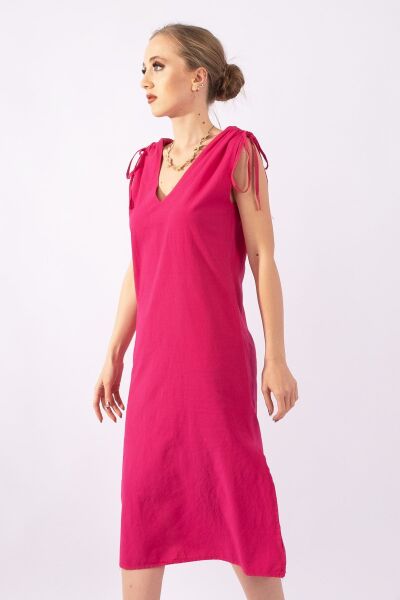 Kadın Siyah Renk Cepli Omuz Büzgülü Yırtmaçlı V Yakalı  Pamuklu Elbise XL - Fuşya