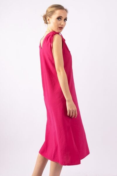 Kadın Siyah Renk Cepli Omuz Büzgülü Yırtmaçlı V Yakalı  Pamuklu Elbise XL - Fuşya