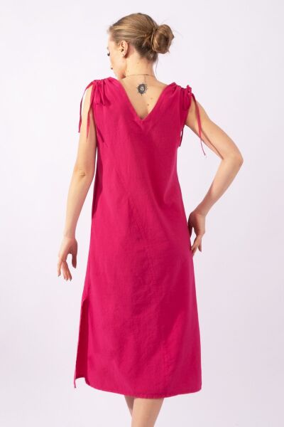 Kadın Siyah Renk Cepli Omuz Büzgülü Yırtmaçlı V Yakalı  Pamuklu Elbise XL - Fuşya