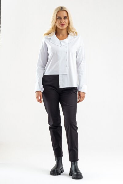 Bold & Young Kadın Manşetli Asimetrik Bebe Yaka  Likrali Pamuklu Bluz Beyaz - 3XL
