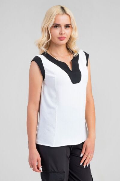 Kadın V Yakalı Yaka Kol Kombinli Aerobin Kumaş Atlet XL - beyaz-siyah