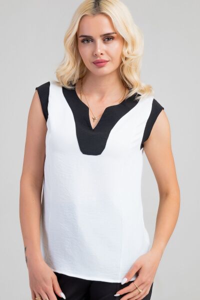 Kadın V Yakalı Yaka Kol Kombinli Aerobin Kumaş Atlet XL - beyaz-siyah