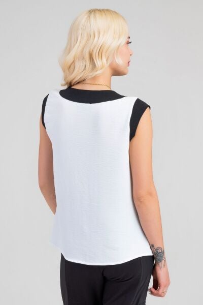 Kadın V Yakalı Yaka Kol Kombinli Aerobin Kumaş Atlet XL - beyaz-siyah