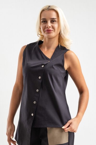 Bold & Young Kadın Asimetrik Kesim Çıtçıtlı Likralı Pamuklu Yelek Siyah - XXL
