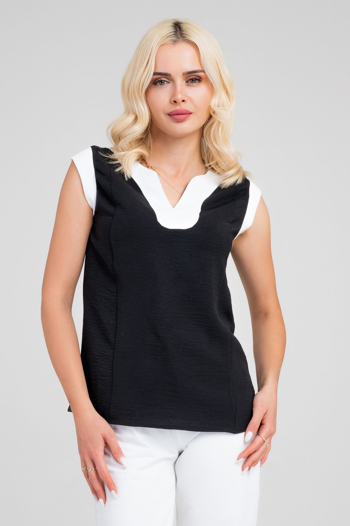 Kadın V Yakalı Yaka Kol Kombinli Aerobin Kumaş Atlet S - siyah beyaz