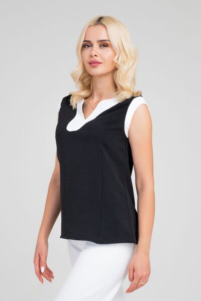 Kadın V Yakalı Yaka Kol Kombinli Aerobin Kumaş Atlet S - siyah beyaz