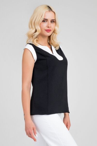 Kadın V Yakalı Yaka Kol Kombinli Aerobin Kumaş Atlet S - siyah beyaz