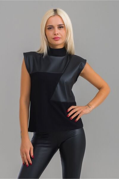 Kadın Siyah Renk Suni Deri Kombinli Pamuk Likralı Kolsuz Dik Yakalı Tunik Siyah - S