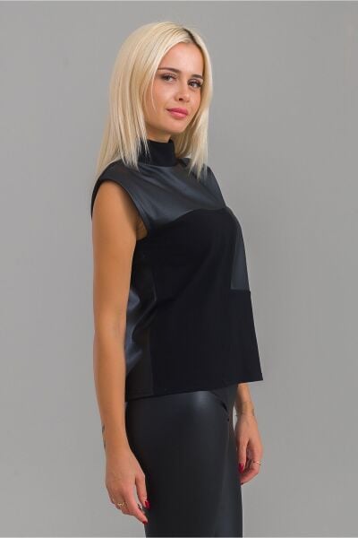 Kadın Siyah Renk Suni Deri Kombinli Pamuk Likralı Kolsuz Dik Yakalı Tunik Siyah - S