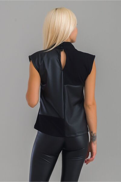 Kadın Siyah Renk Suni Deri Kombinli Pamuk Likralı Kolsuz Dik Yakalı Tunik Siyah - S