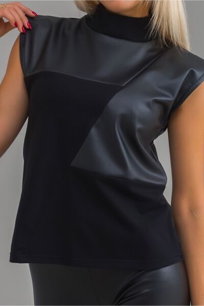 Kadın Siyah Renk Suni Deri Kombinli Pamuk Likralı Kolsuz Dik Yakalı Tunik Siyah - S