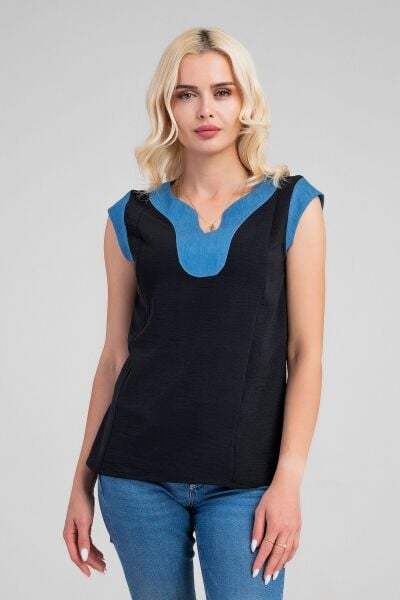 Kadın V Yakalı Yaka Kol Kombinli Aerobin Kumaş Atlet XL - siyah- kot