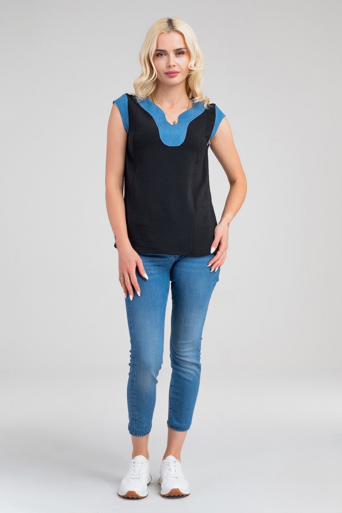 Kadın V Yakalı Yaka Kol Kombinli Aerobin Kumaş Atlet XL - siyah- kot