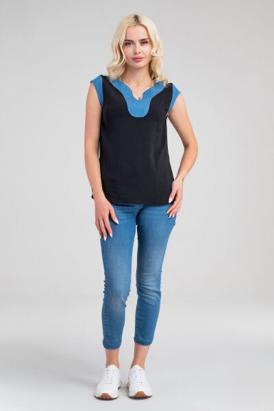 Kadın V Yakalı Yaka Kol Kombinli Aerobin Kumaş Atlet XL - siyah- kot