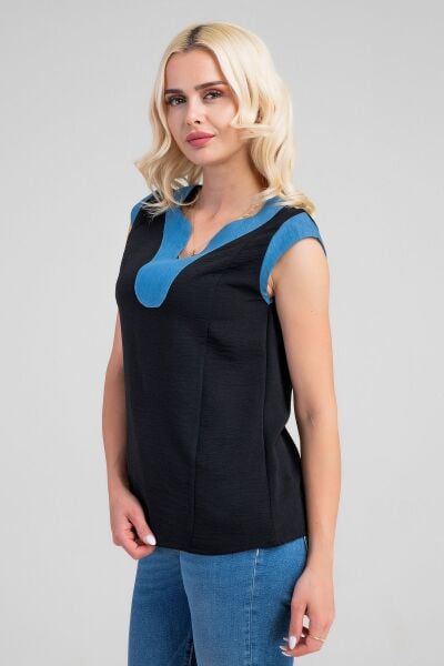 Kadın V Yakalı Yaka Kol Kombinli Aerobin Kumaş Atlet XL - siyah- kot