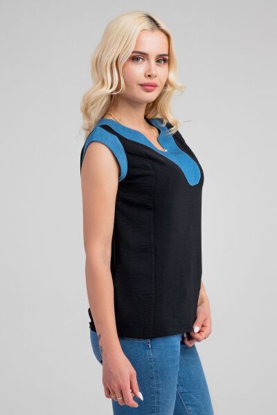 Kadın V Yakalı Yaka Kol Kombinli Aerobin Kumaş Atlet XL - siyah- kot