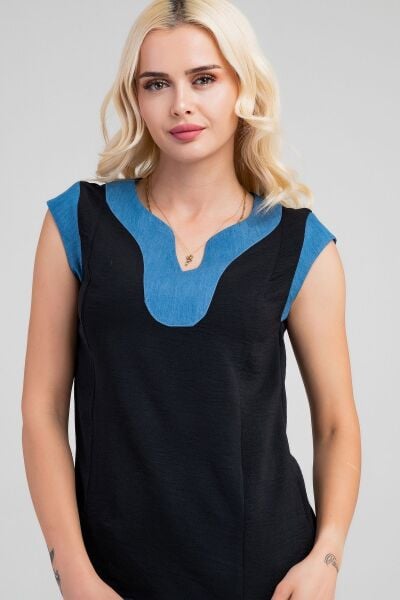 Kadın V Yakalı Yaka Kol Kombinli Aerobin Kumaş Atlet XL - siyah- kot