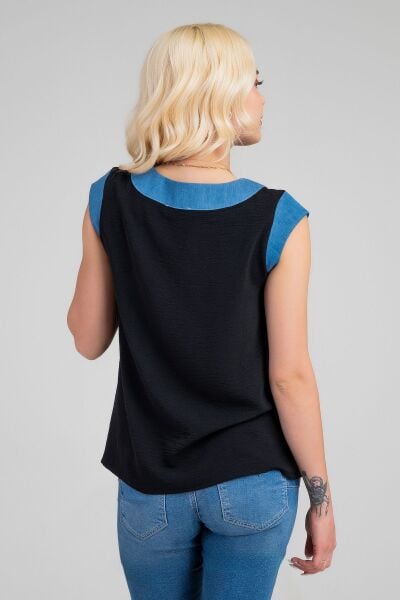 Kadın V Yakalı Yaka Kol Kombinli Aerobin Kumaş Atlet XL - siyah- kot