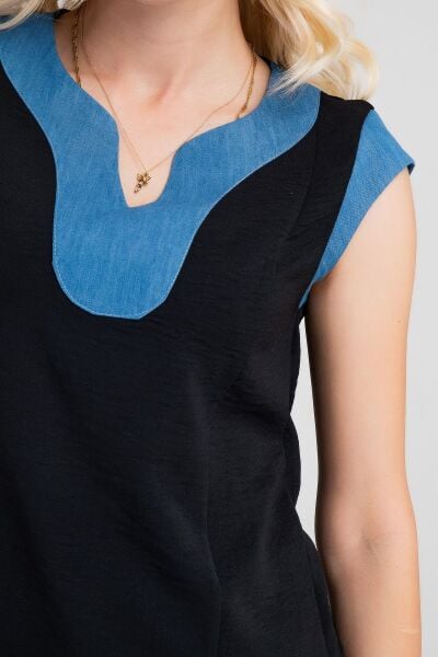 Kadın V Yakalı Yaka Kol Kombinli Aerobin Kumaş Atlet XL - siyah- kot