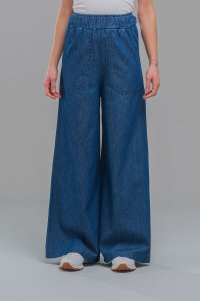 Kadın Siyah Renk Viskon Polyester Likralı Cepli Bol Paça Beli Lastikli Pantolon indigo koyu mavi - XS