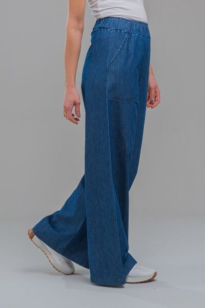 Kadın Siyah Renk Viskon Polyester Likralı Cepli Bol Paça Beli Lastikli Pantolon indigo koyu mavi - XS