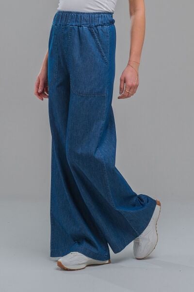 Kadın Siyah Renk Viskon Polyester Likralı Cepli Bol Paça Beli Lastikli Pantolon indigo koyu mavi - XS