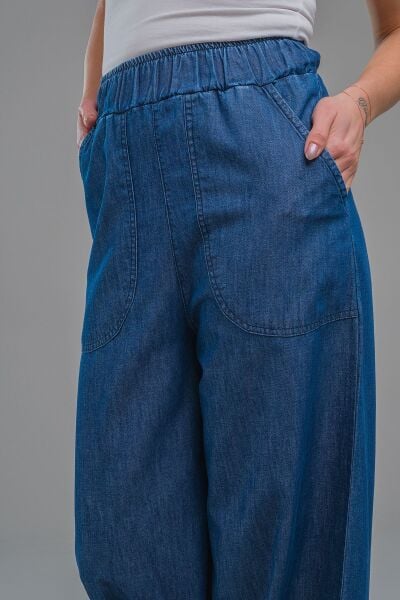 Kadın Siyah Renk Viskon Polyester Likralı Cepli Bol Paça Beli Lastikli Pantolon indigo koyu mavi - XS