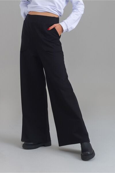 Kadın Siyah Renk Viskon Polyester Likralı Cepli Bol Paça Beli Lastikli Pantolon Siyah - XL