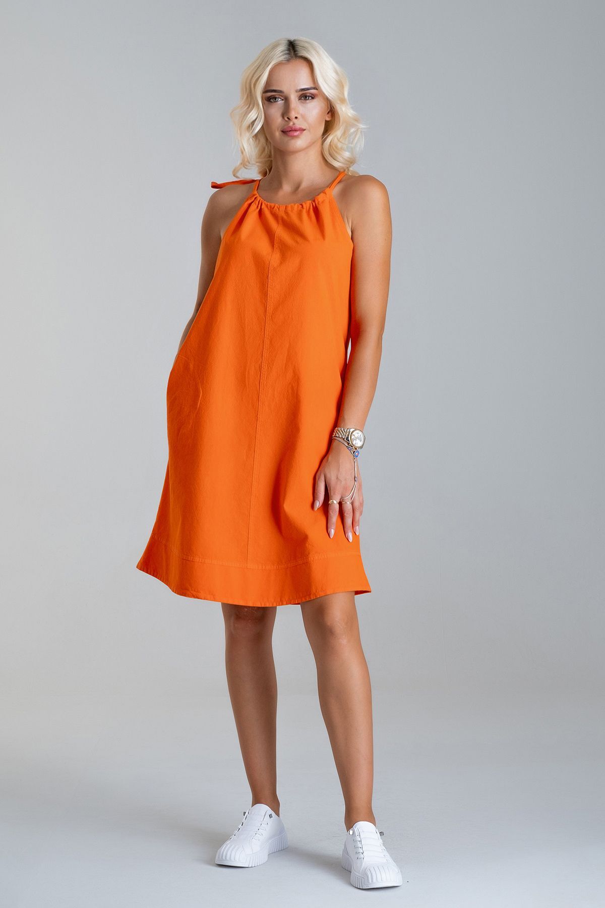 Kadın Etek Ucu Pervazlı Boyundan Bağlamalı Cepli Pamuklu Dokumat Elbise Turuncu - L