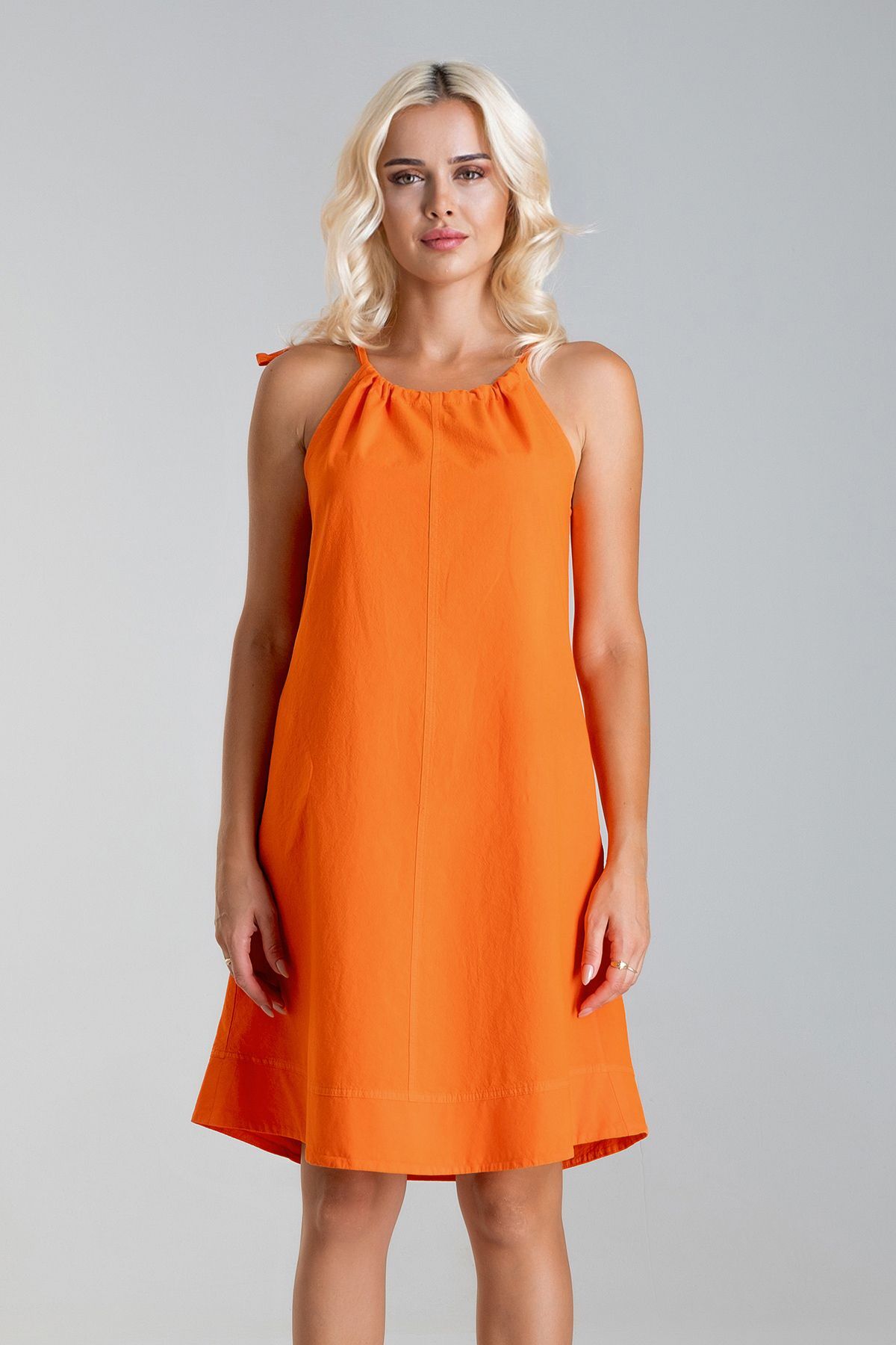 Kadın Etek Ucu Pervazlı Boyundan Bağlamalı Cepli Pamuklu Dokumat Elbise Turuncu - L