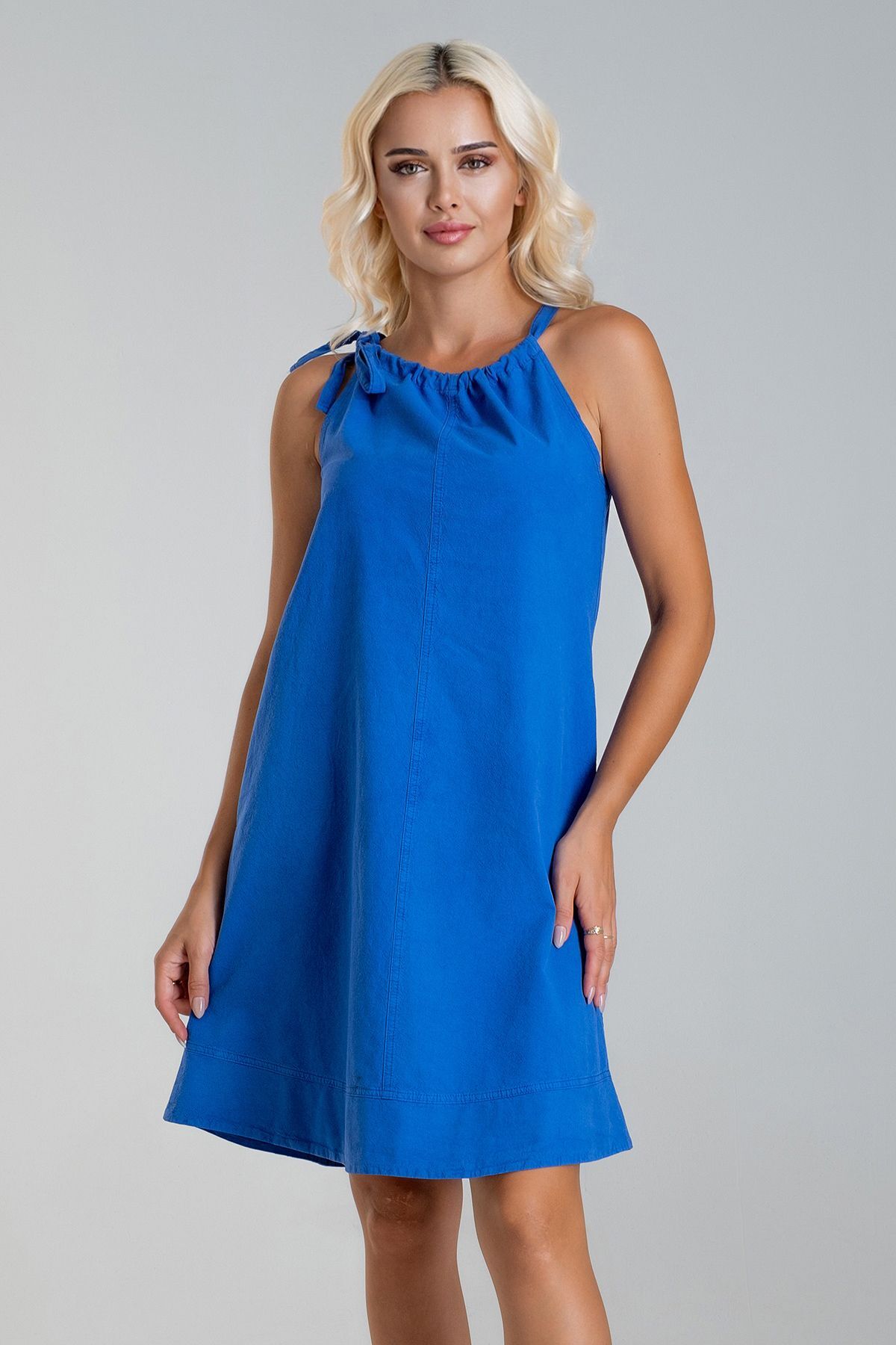 Kadın Etek Ucu Pervazlı Boyundan Bağlamalı Cepli Pamuklu Dokumat Elbise Saks mavi - S
