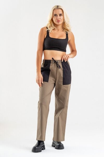 Bold & Young Kadın Beli Lastikli Kordonlu Kombinli Dört Cepli Likralı Pamuklu Pantolon Haki - 2XL