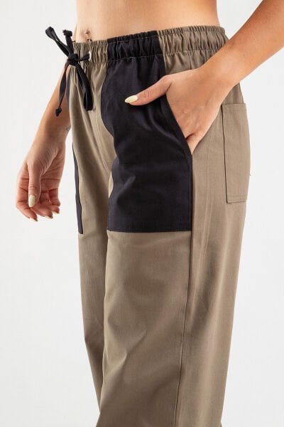 Bold & Young Kadın Beli Lastikli Kordonlu Kombinli Dört Cepli Likralı Pamuklu Pantolon Haki - 2XL