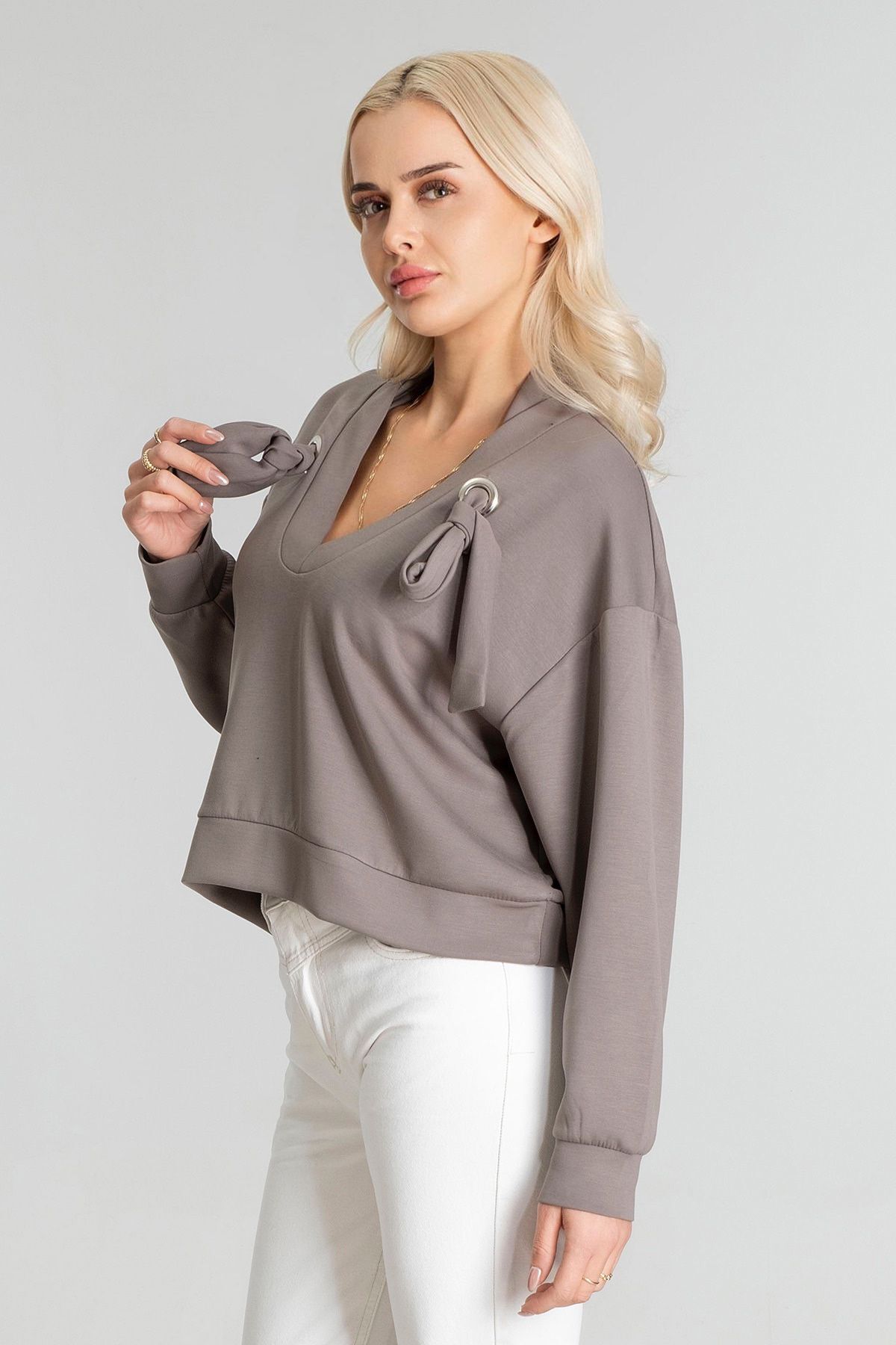 Kadın Modal Cupra Kumaş Kuşgözü Kordonlu Sweatshirt S - Gri