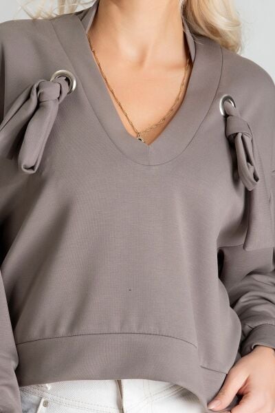 Kadın Modal Cupra Kumaş Kuşgözü Kordonlu Sweatshirt S - Gri