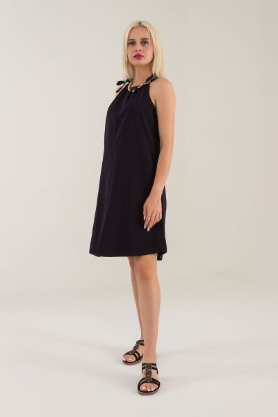 Kadın Etek Ucu Pervazlı Boyundan Bağlamalı Cepli Pamuklu Dokumat Elbise Siyah - XL