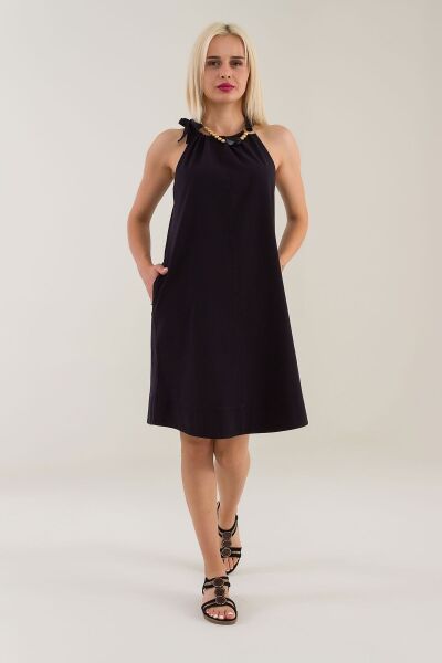 Kadın Etek Ucu Pervazlı Boyundan Bağlamalı Cepli Pamuklu Dokumat Elbise Siyah - XL