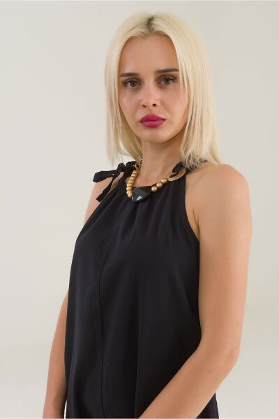 Kadın Etek Ucu Pervazlı Boyundan Bağlamalı Cepli Pamuklu Dokumat Elbise Siyah - XL