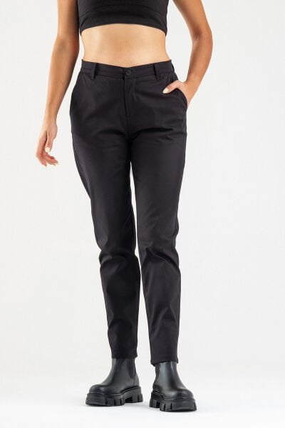 Bold & Young Kadın Likralı Pamuklu Kumaş Yandan Cepli Pantolon Siyah - 2XL