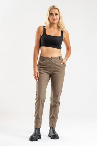 Bold & Young Kadın Likralı Pamuklu Kumaş Yandan Cepli Pantolon Haki - 2XL