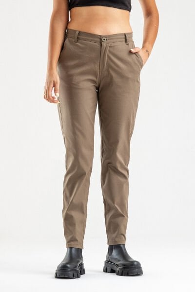 Bold & Young Kadın Likralı Pamuklu Kumaş Yandan Cepli Pantolon Haki - 2XL