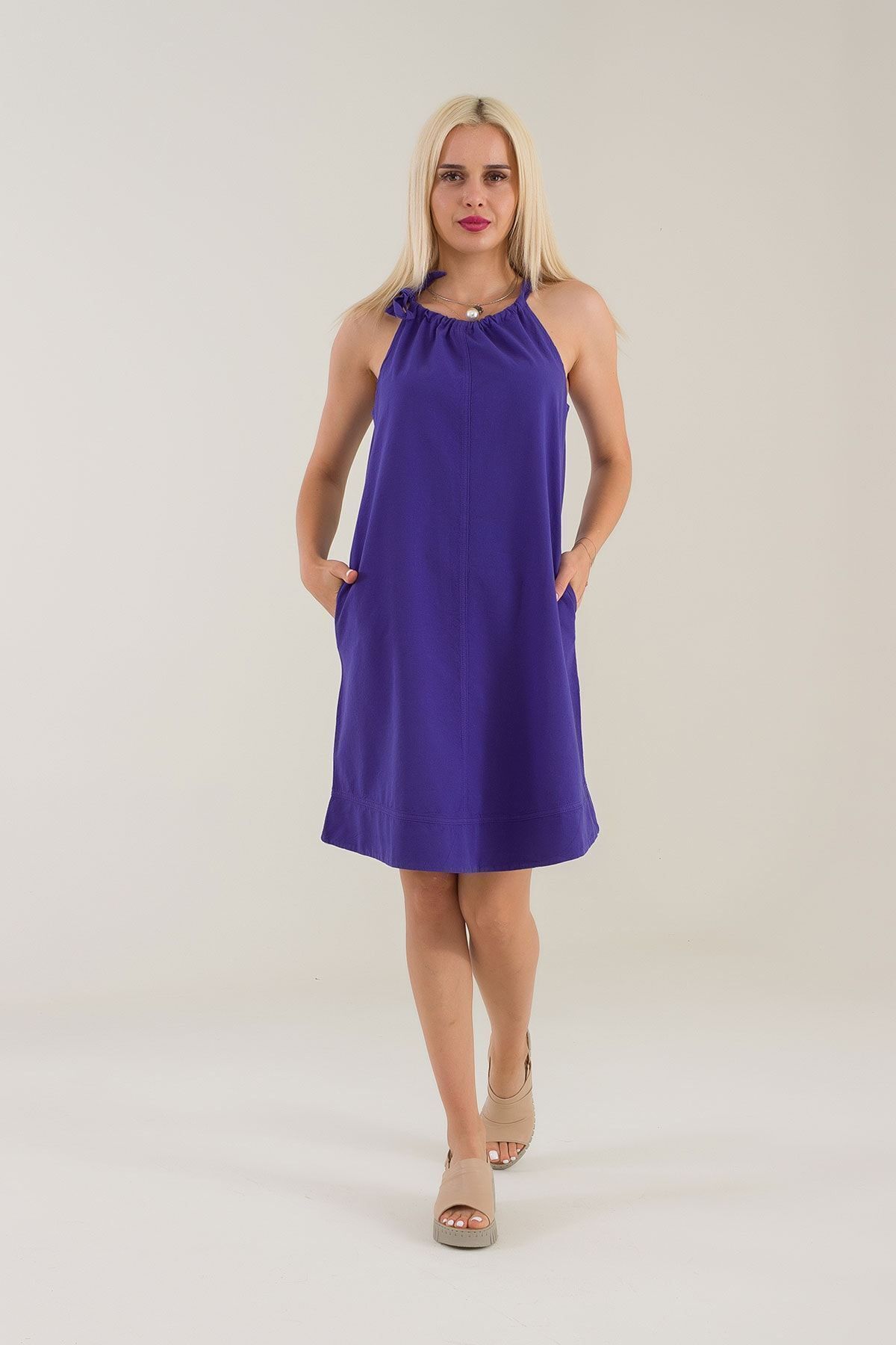 Kadın Etek Ucu Pervazlı Boyundan Bağlamalı Cepli Pamuklu Dokumat Elbise Mor - S